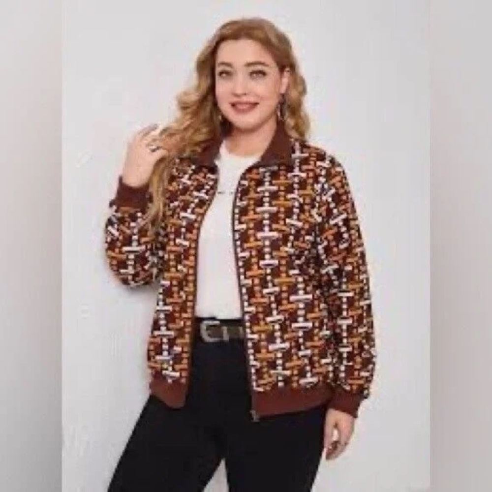 ❄️ Emery Rose | Plus Geo Print Zipper Bomber Jacket Various Sizes Available - Picture 4 of 4